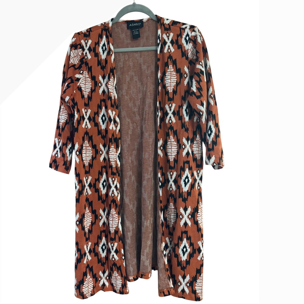 Ashro Women Rust Orange Ikat Geometric Open Front Duster Cardigan Size L Rayon